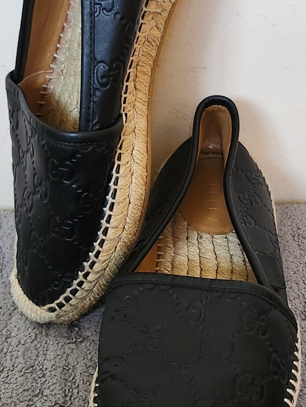 Gicci Leather Embroidered Monogram Black Espadrille Flats - Picture 11 of 12